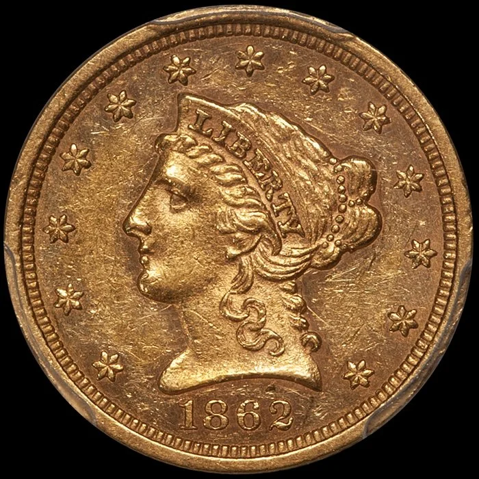 Quarter Eagle. 1862 $2.50 gold coin. PCGS AU58 CAC.