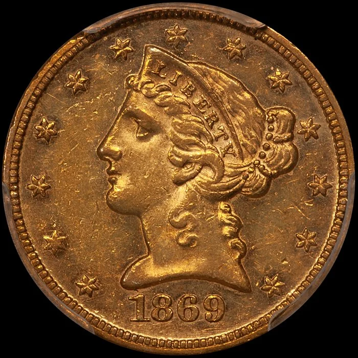 Half Eagle. 1869 $5 gold coin. PCGS AU58.
