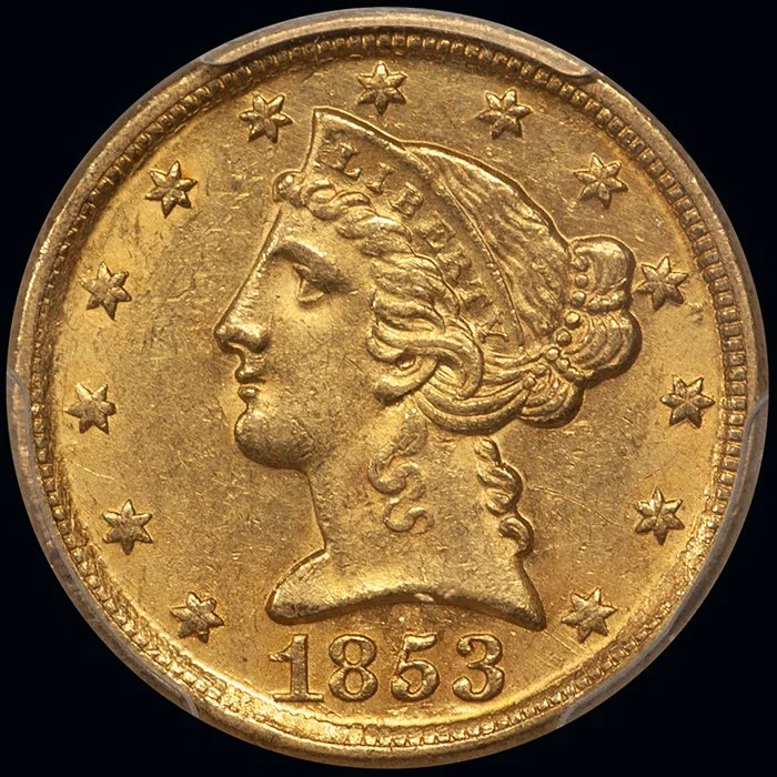 Half Eagle. 1853-D Dahlonega $5 gold coin. Large D. PCGS MS61.