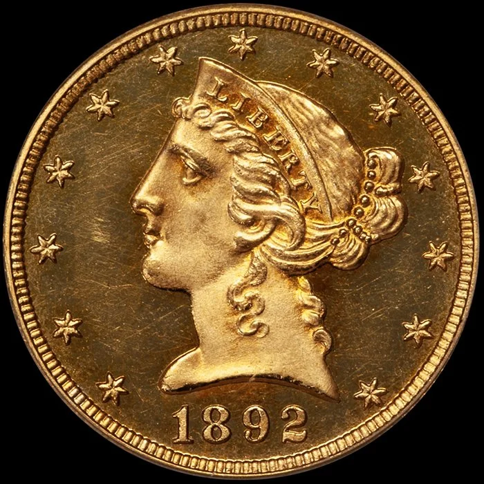Half Eagle. 1892 $5 gold coin. PCGS PR64+DCAM. CAC.
