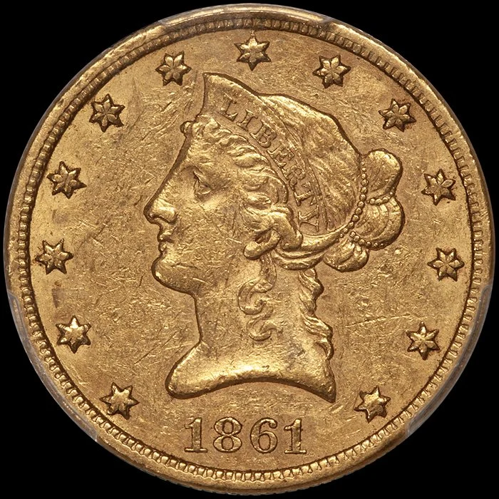 Eagle. 1861-S San Francisco $10 gold coin. PCGS AU55.
