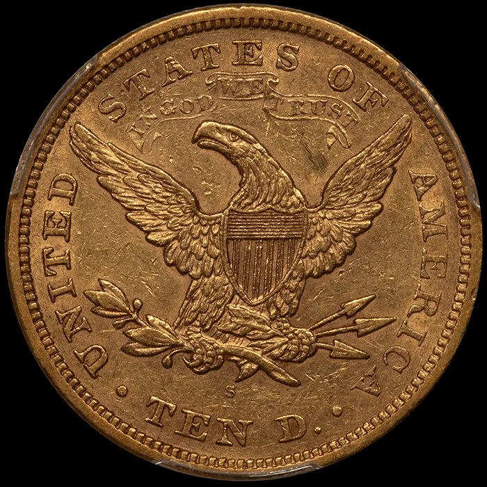 Eagle. 1869-S San Francisco $10 gold coin. PCGS AU58 CAC.