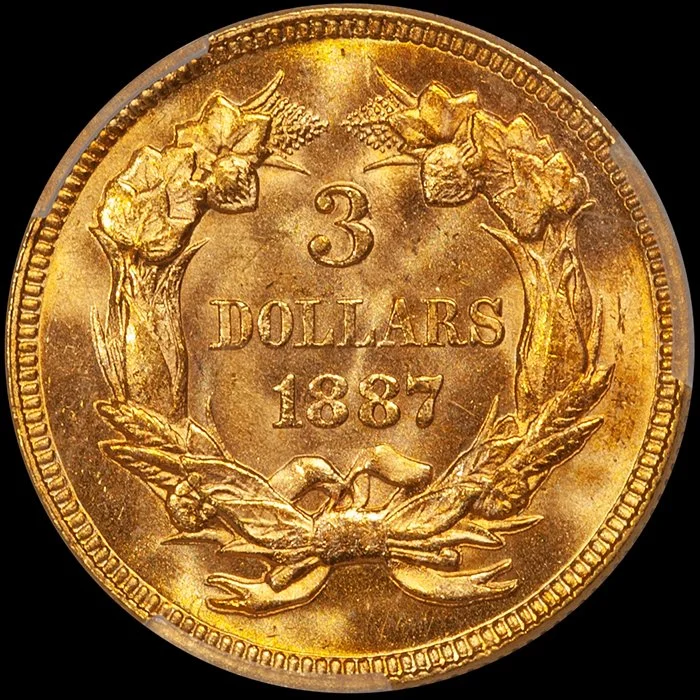 Three Dollars. 1887 $3.00 gold coin. PCGS MS65 CAC.