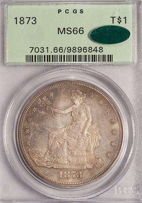 Trade Dollar. 1873 $1 silver coin. PCGS MS66 CAC. OGH.