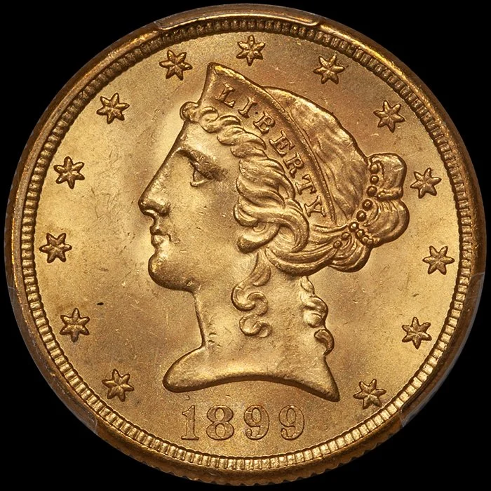Half Eagle. 1899-S San Francisco $5.00 gold coin. PCGS MS66. Ex Bass.