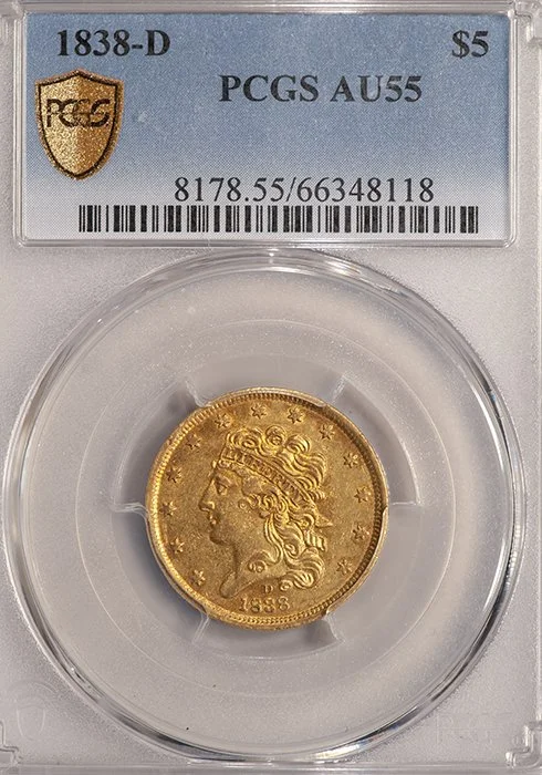 Half Eagle. 1838-D Dahlonega $5 gold coin. PCGS AU55.