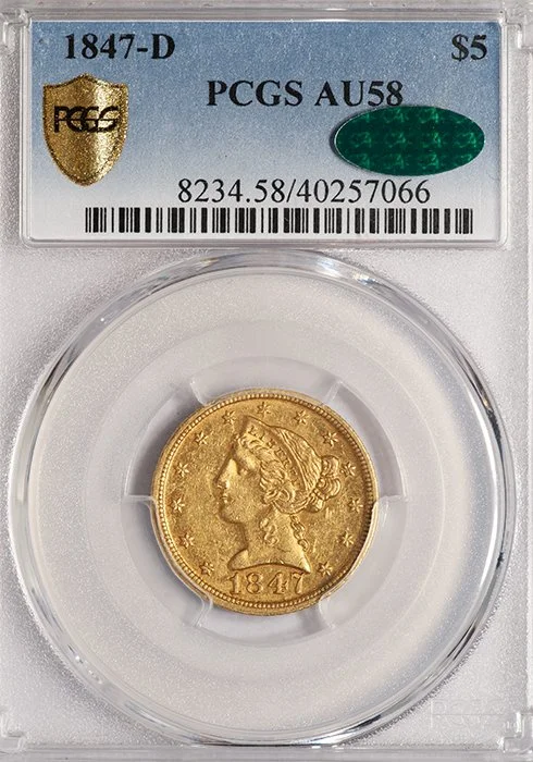 Half Eagle. 1847-D Dahlonega $5 gold coin . PCGS AU58 CAC.