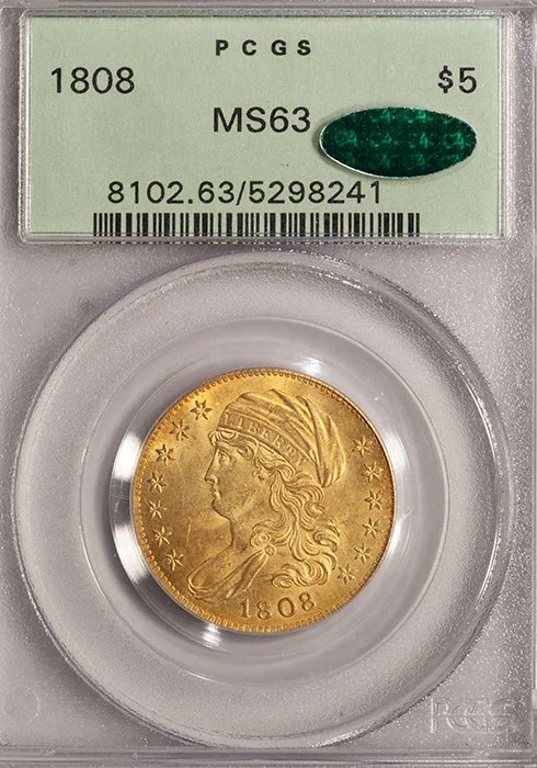Half Eagle. 1808 $5 gold coin. PCGS MS63 CAC. OGH.
