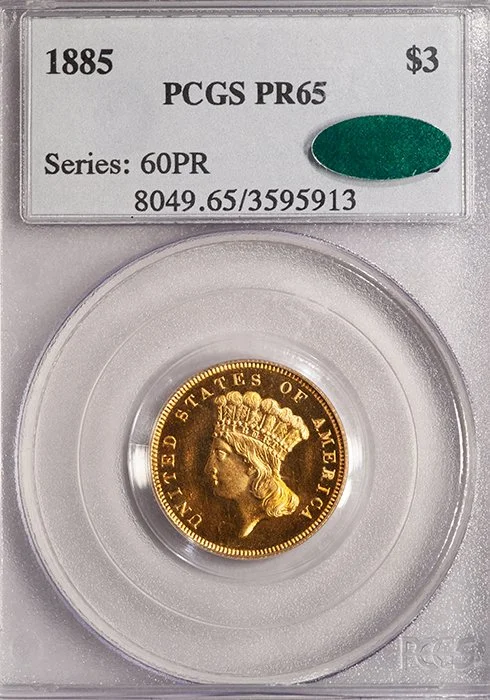 Three Dollars. 1885 Proof $3 gold coin. PCGS PR65 CAC.
