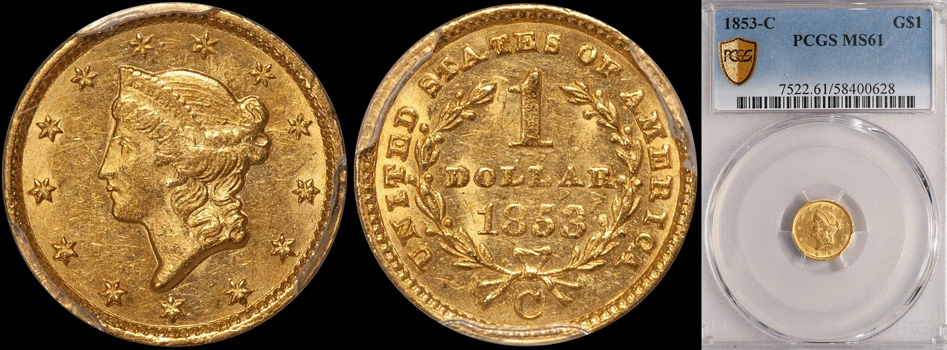 Gold Dollar. 1853-C Charlotte $1 gold coin. PCGS MS61.