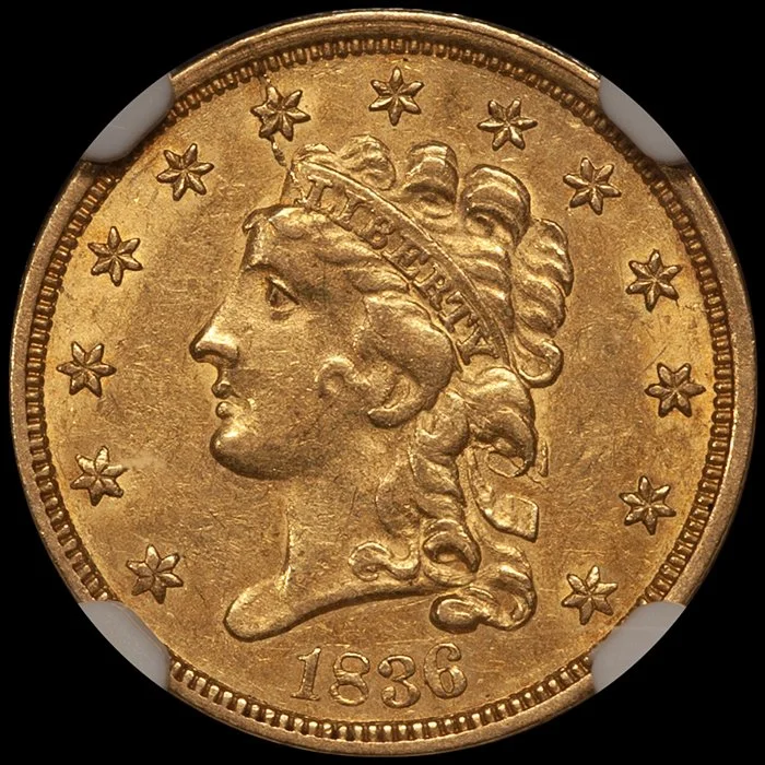 Quarter Eagle. 1836 Script 8. $2.50 gold coin. NGC AU58 CAC.