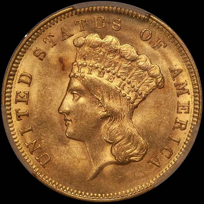 Three Dollars. 1856-S San Francisco $3.00 gold coin. PCGS MS63.