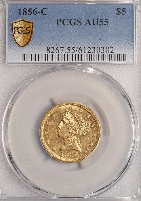 Half Eagle. 1856-C Charlotte $5 gold coin. PCGS AU55.