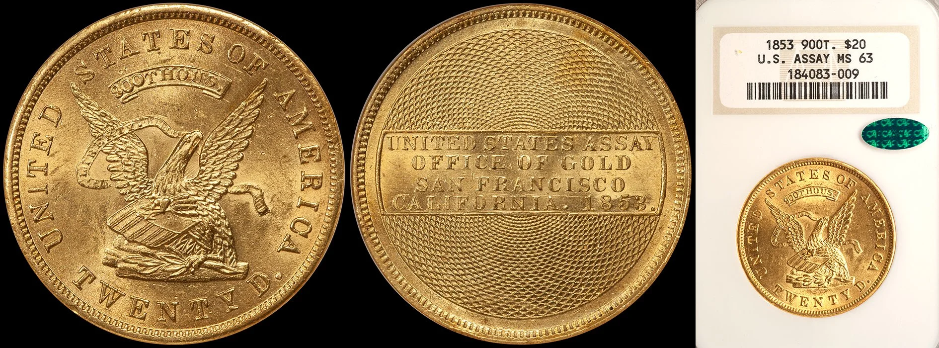 ON HOLD - $20.00 - 1853 "900" Assay, NGC MS63 CAC