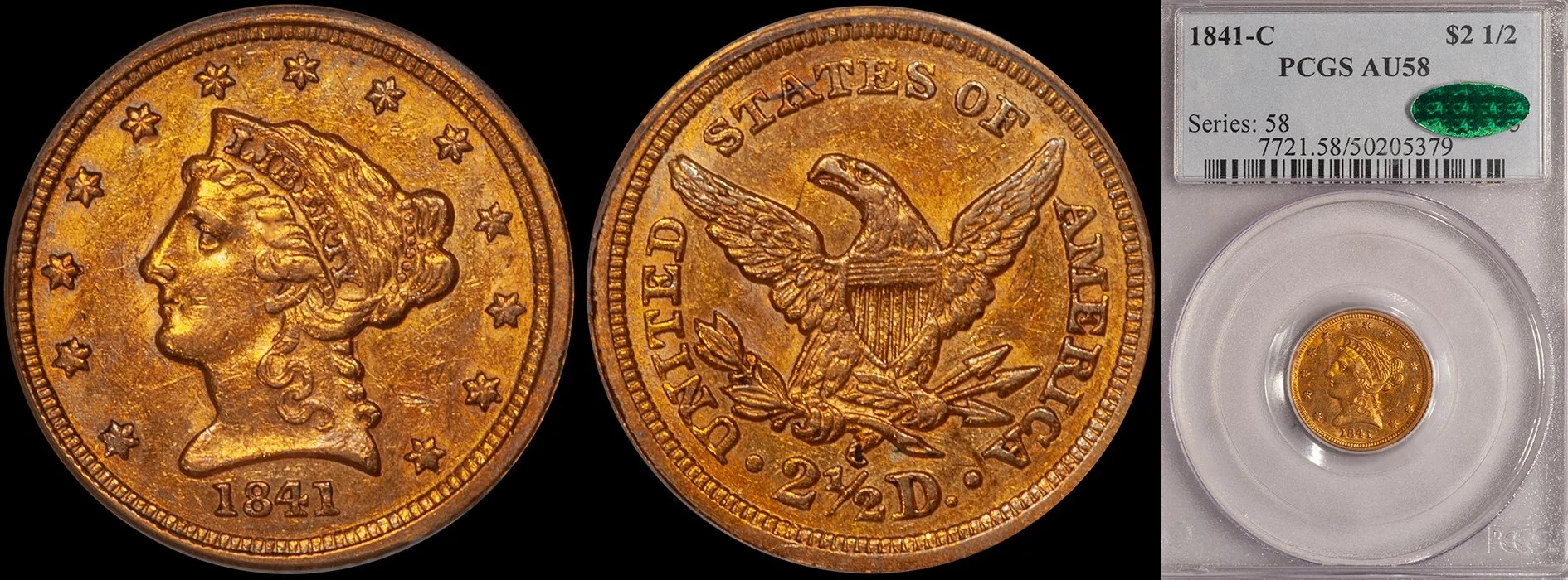 Quarter Eagle. 1841-C Charlotte $2.50 gold coin. PCGS AU58 CAC.
