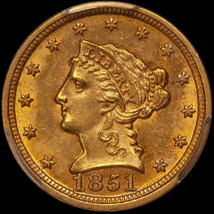 Quarter Eagle. 1851-D Dahlonega $2.50 gold coin. PCGS MS62.