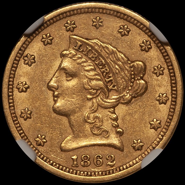 Quarter Eagle. 1862 $2.50 gold coin. NGC AU55 CAC.