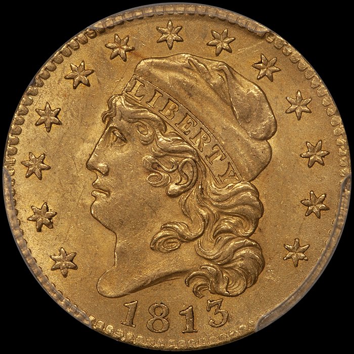 Half Eagle. 1813 $5 gold coin. PCGS MS62+ CAC.