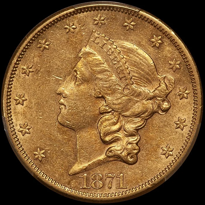 Double Eagle. 1871-CC $20.00 gold coin. PCGS AU55.