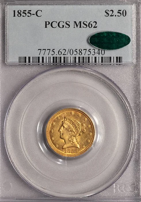 Quarter Eagle. 1855-C Charlotte $2.50 gold coin. PCGS MS62 CAC.