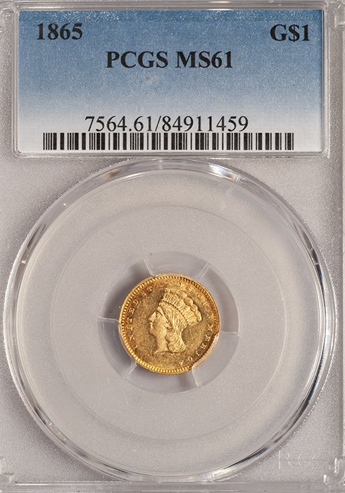 Gold Dollar. 1865 $1.00 gold coin. PCGS MS61.