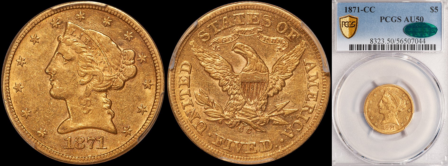 JUST ADDED - $5.00 - 1871-CC PCGS AU50 CAC