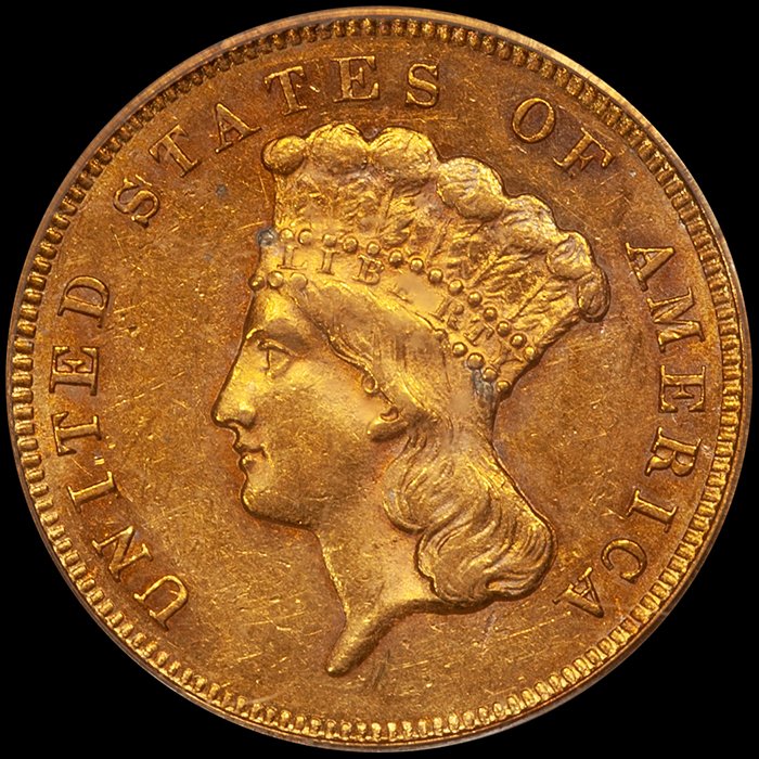 Three Dollars. 1865 $3 gold coin. PCGS AU55 CAC.