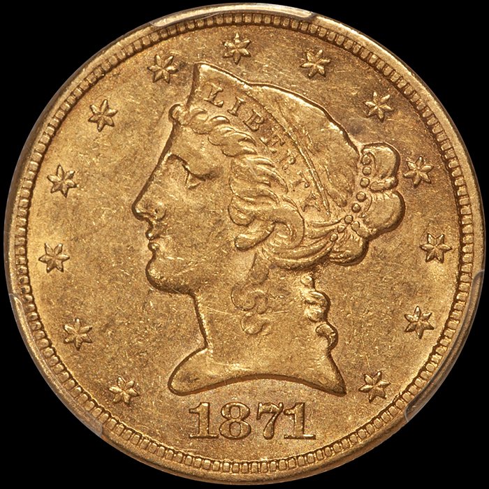 Half Eagle. 1871-CC Carson City $5 gold coin. PCGS AU50 CAC.