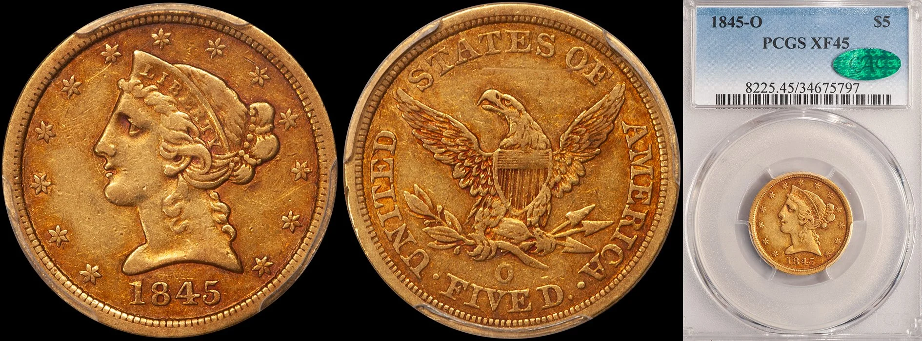 ON HOLD - $5.00 - 1845-O PCGS EF45 CAC
