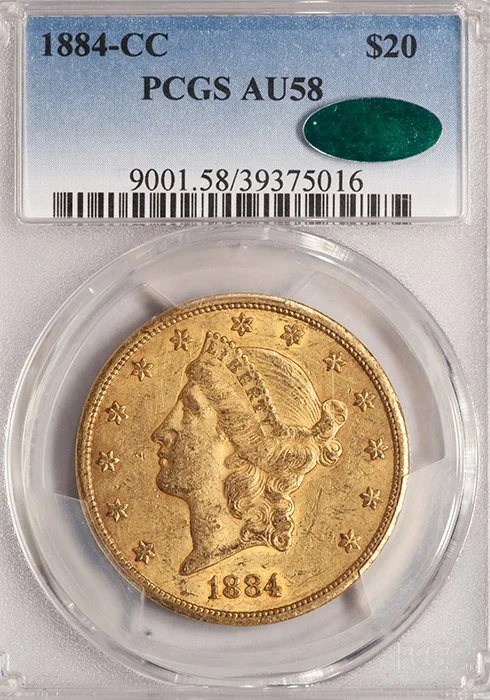 Double Eagle. 1884-CC Carson City $20 gold coin. PCGS AU58 CAC.