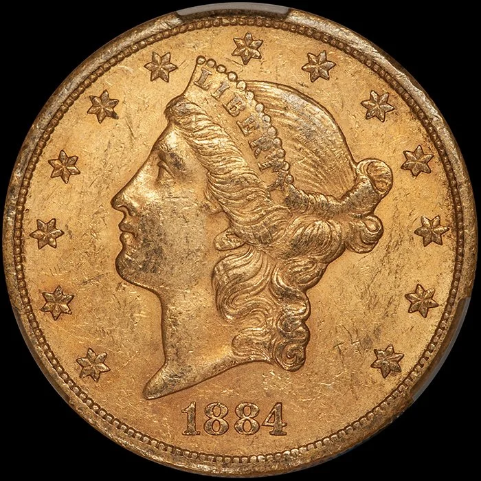 Double Eagle. 1884-CC Carson City $20 gold coin. CACG AU58.