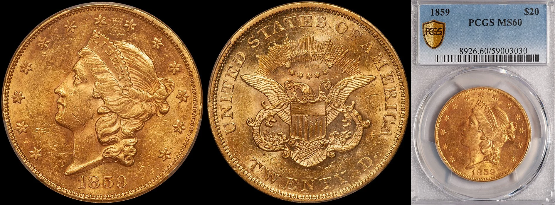Double Eagle. 1859 $20 gold coin. PCGS MS60.