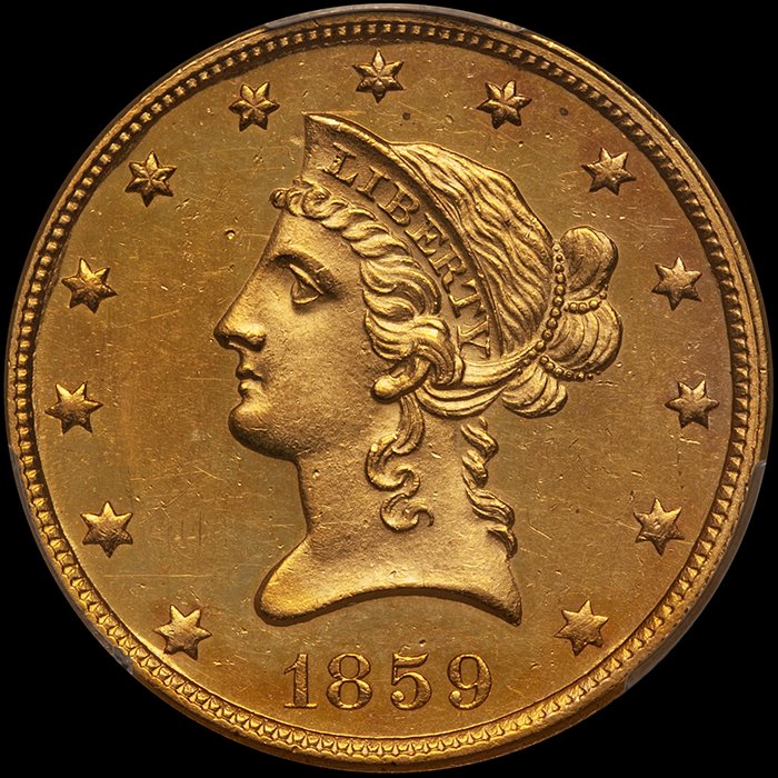 Eagle. 1859 Proof $10.00 gold coin. PCGS PR61CAM.