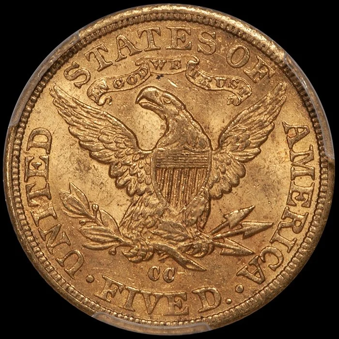 Half Eagle. 1890-CC $5.00 gold coin. PCGS MS63 CAC.