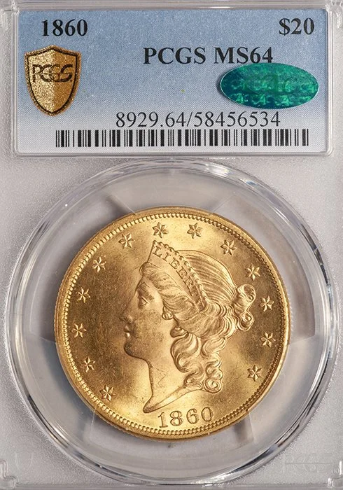 Double Eagle. 1860 $20 gold coin. PCGS MS64 CAC.