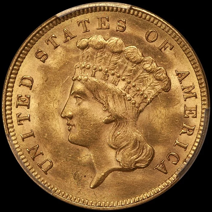 Three Dollars. 1859 $3 gold coin. PCGS MS62+ CAC.