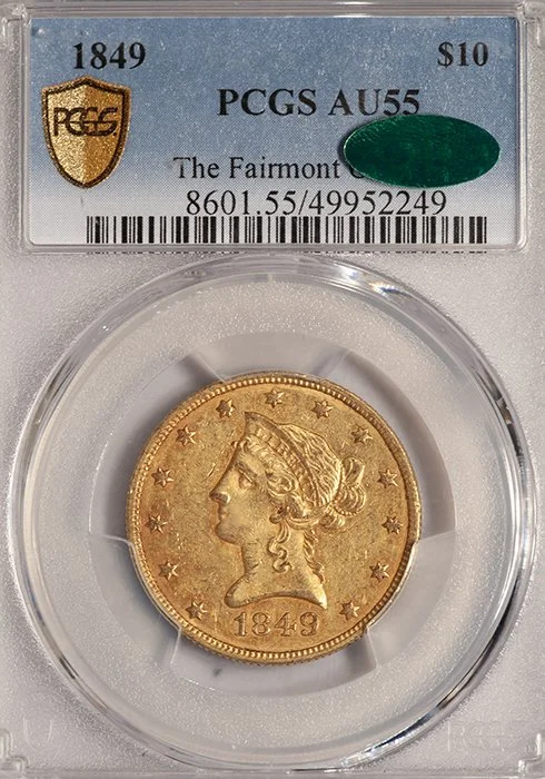 Eagle. 1849 $10 gold coin. PCGS AU5 CAC. Fairmont.