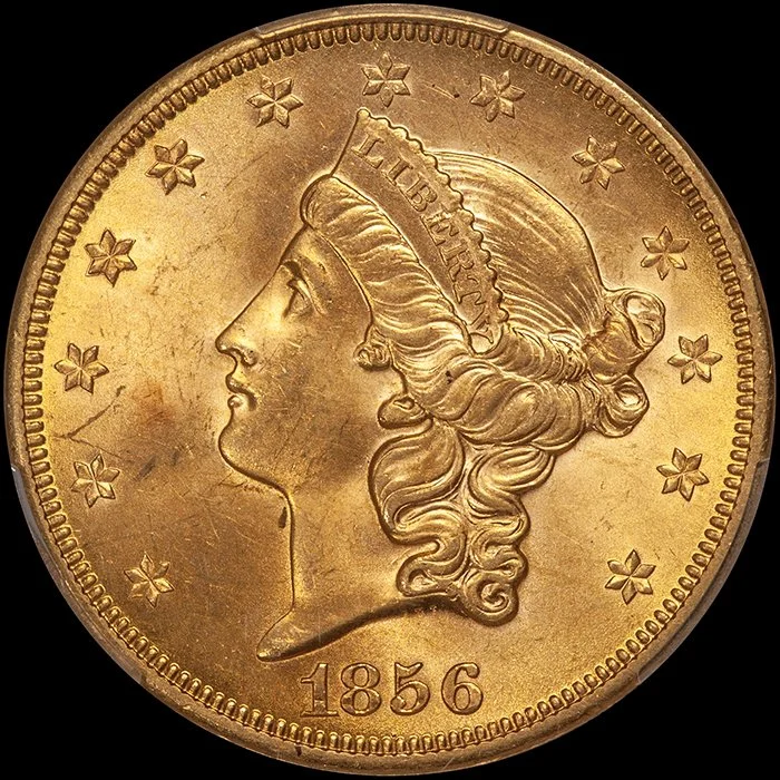 Double Eagle. 1856-S San Francisco $20 gold coin. PCGS MS63 CAC. James Stack Collection.