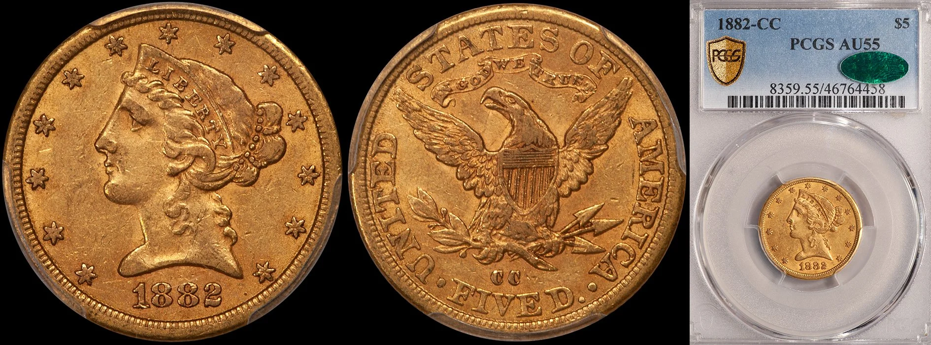 JUST ADDED - $5.00 - 1882-CC PCGS AU55 CAC