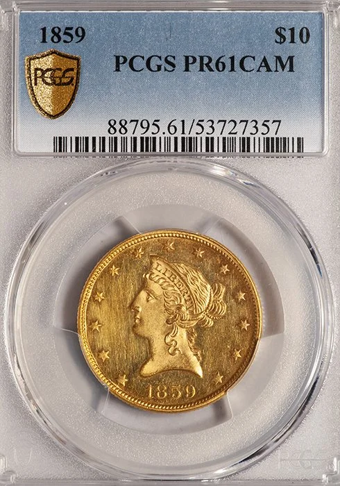 Eagle. 1859 Proof $10.00 gold coin. PCGS PR61CAM. | Rare Gold