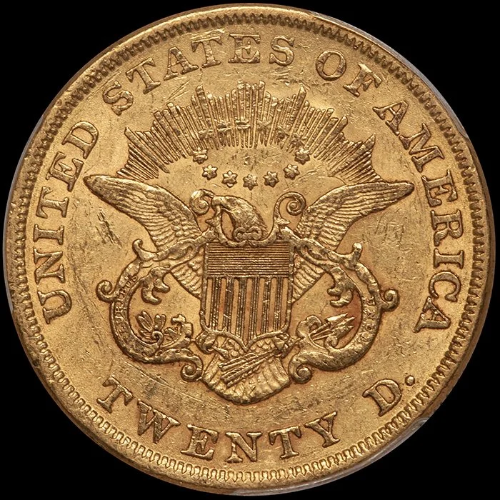 1854 Large Date $20 gold coin graded PCGS AU58 CAC (Copy)