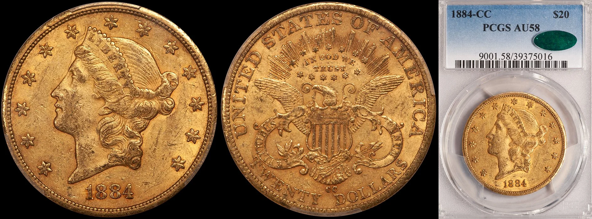 Double Eagle. 1884-CC Carson City $20 gold coin. PCGS AU58 CAC.
