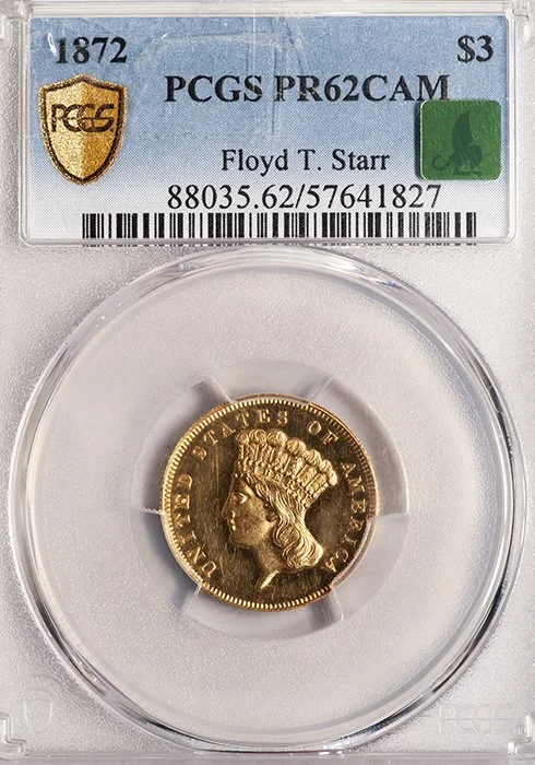 Three Dollars. 1872 $3 gold coin. PCGS PR62 Cameo.