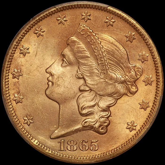 Double Eagle. 1865-S San Francisco $20 gold coin. PCGS MS64 CAC.