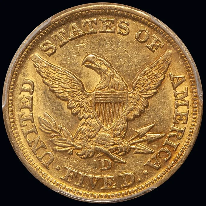 Half Eagle. 1853-D Dahlonega $5 gold coin. Large D. PCGS MS61.