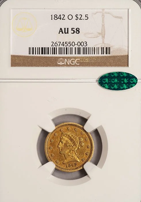 Quarter Eagle. 1842-O New Orleans $2.50 gold coin. NGC AU58 CAC.