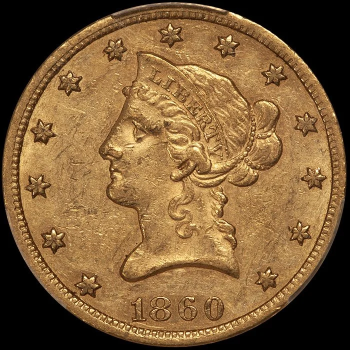 Eagle. 1860-S $10 gold coin. PCGS AU58+.