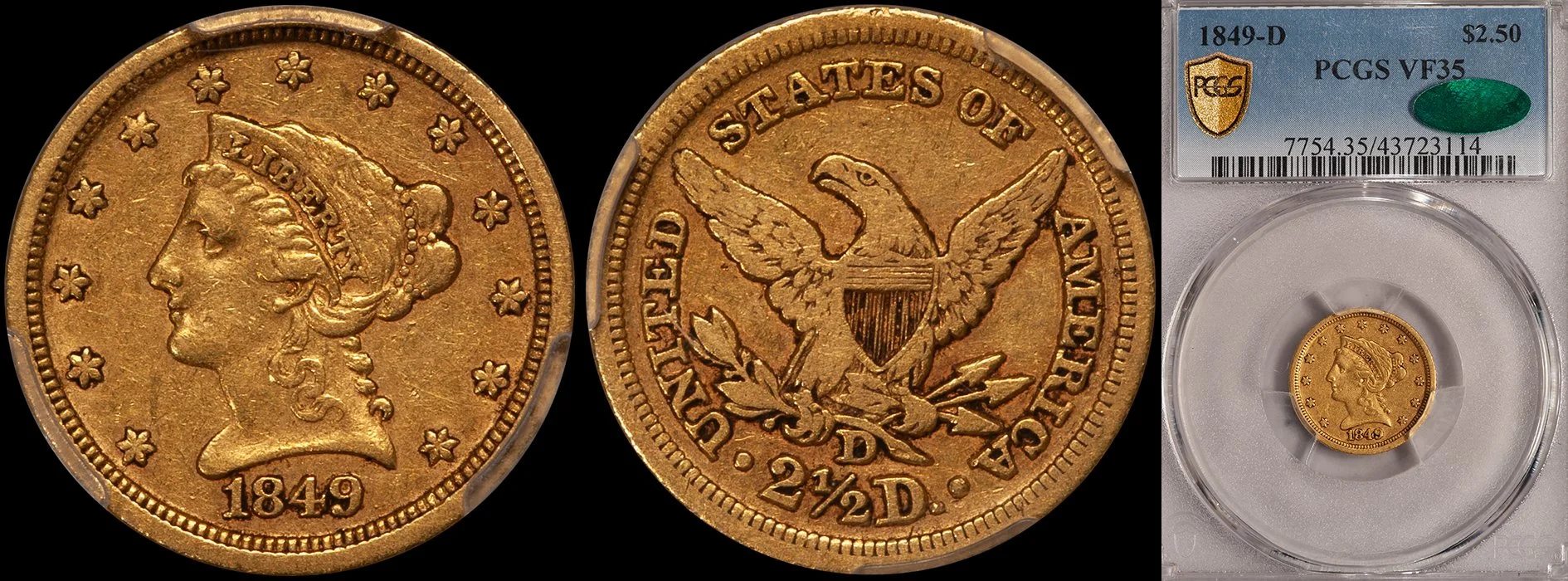 ON HOLD - $2.50 - 1849-D PCGS  VF35 CAC