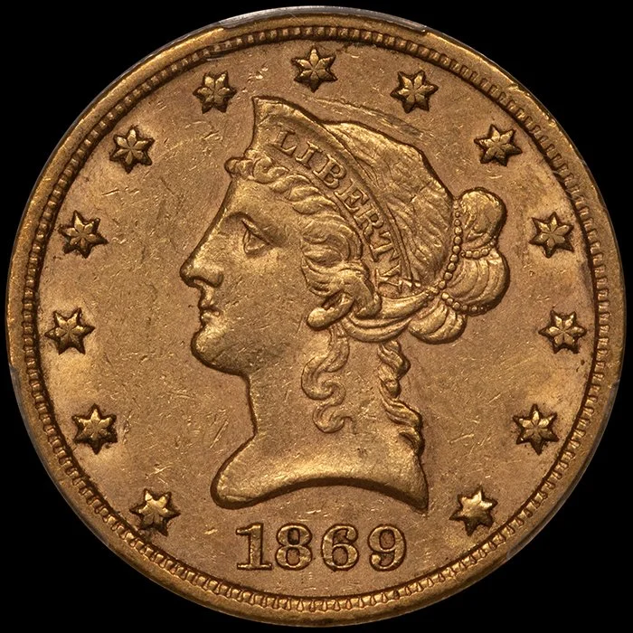 Eagle. 1869-S San Francisco $10 gold coin. PCGS AU58 CAC.