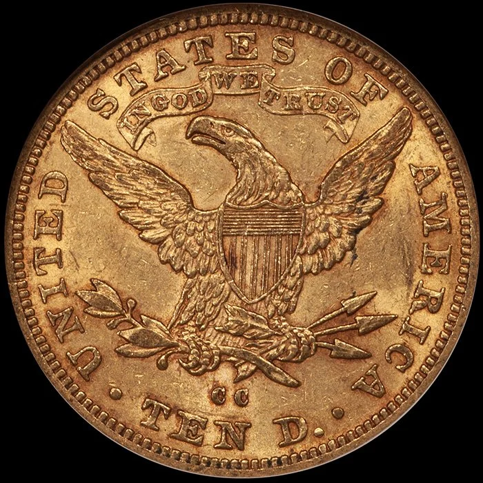 Eagle. 1892-CC Carson City $10 gold coin. NGC AU58 CAC.